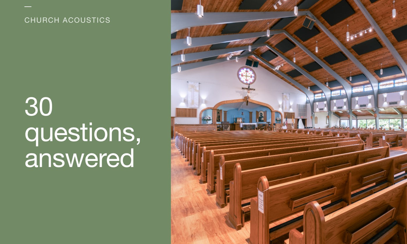 Church acoustics: 30 questions, answered. Acoustic panels between the ceiling beams of a traditional sanctuary with wooden pews.