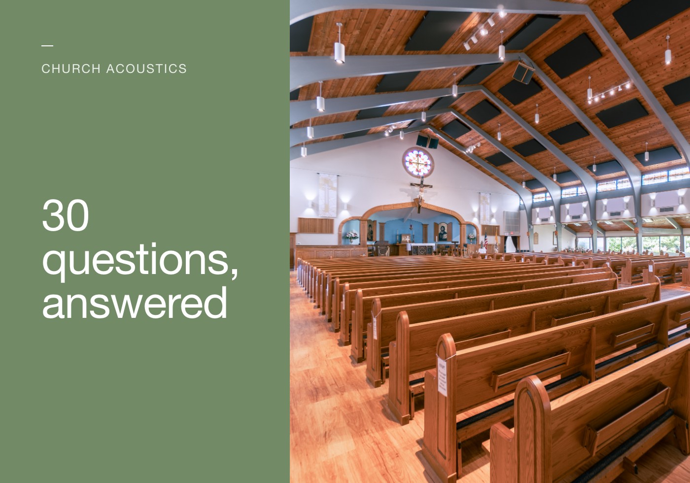 Church acoustics: 30 questions, answered. Acoustic panels between the ceiling beams of a traditional sanctuary with wooden pews.