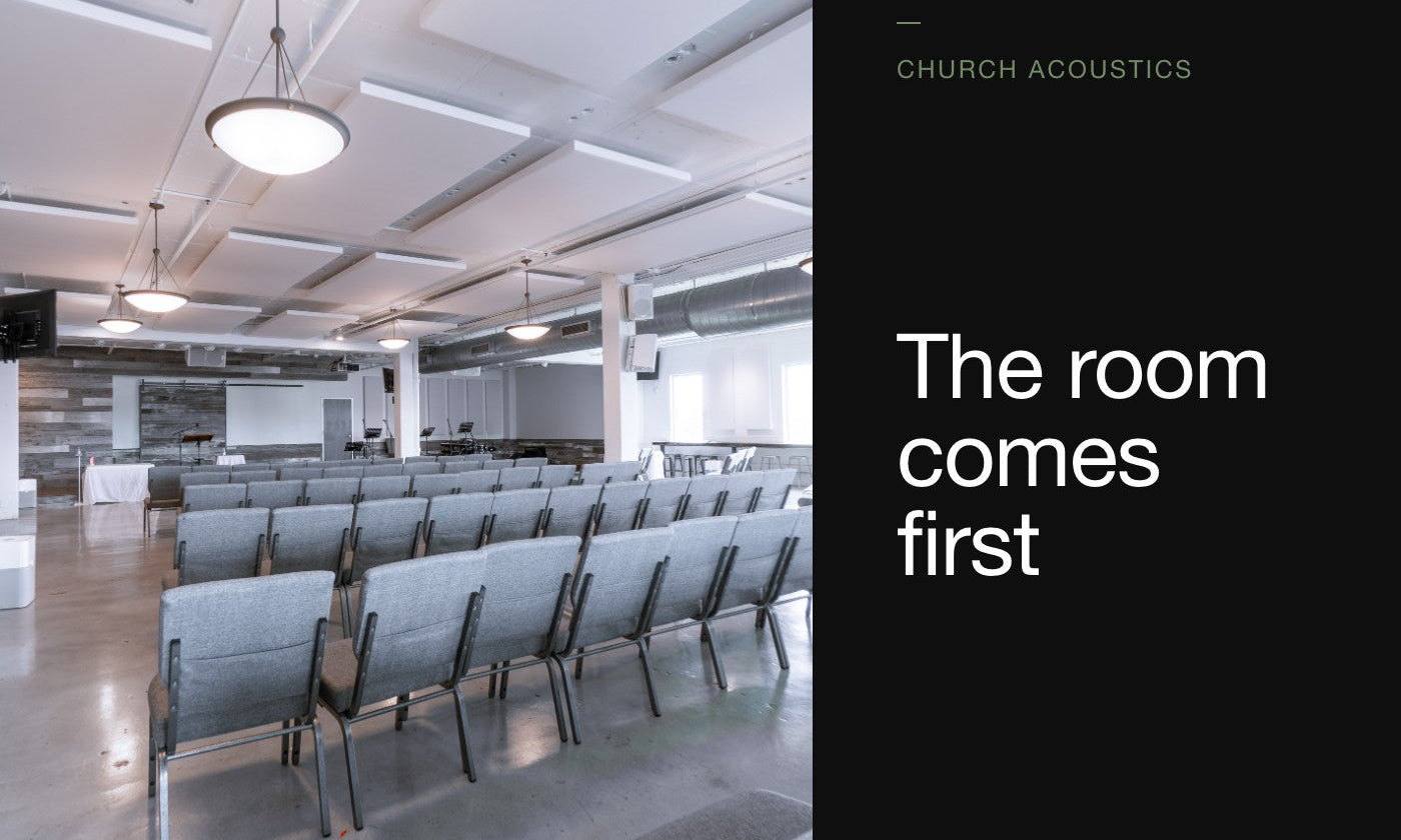 Church acoustics: the room comes first. Acoustic panels on the ceiling of a modern church auditorium.