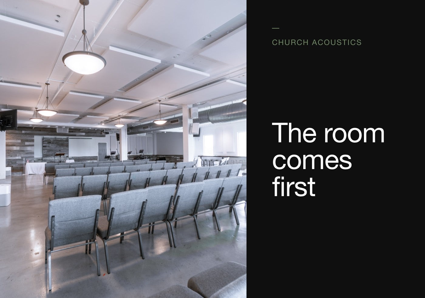 Church acoustics: the room comes first. Acoustic panels on the ceiling of a modern church auditorium.