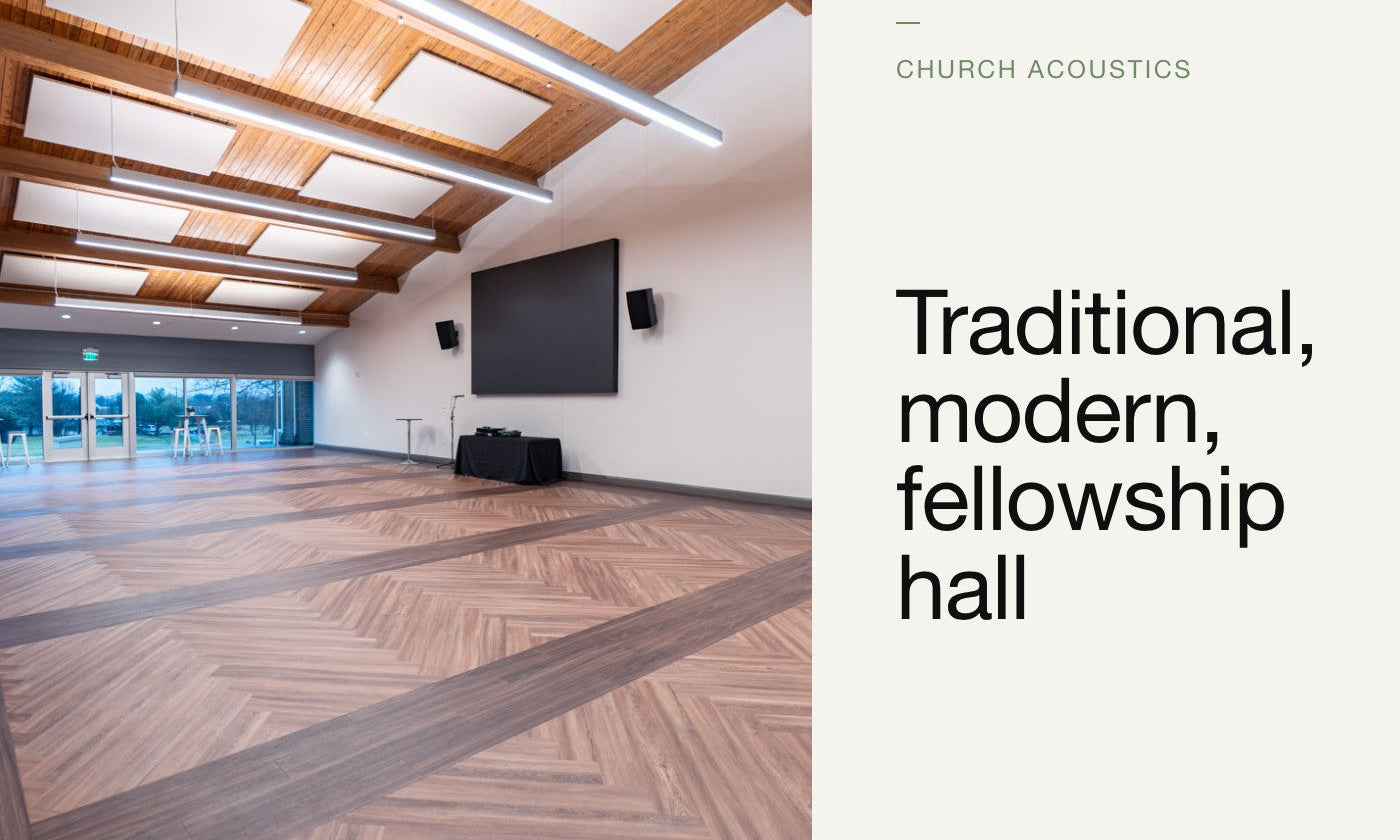 Church acoustics: traditional, modern, fellowship hall. Acoustic ceiling panels in a church fellowship hall.