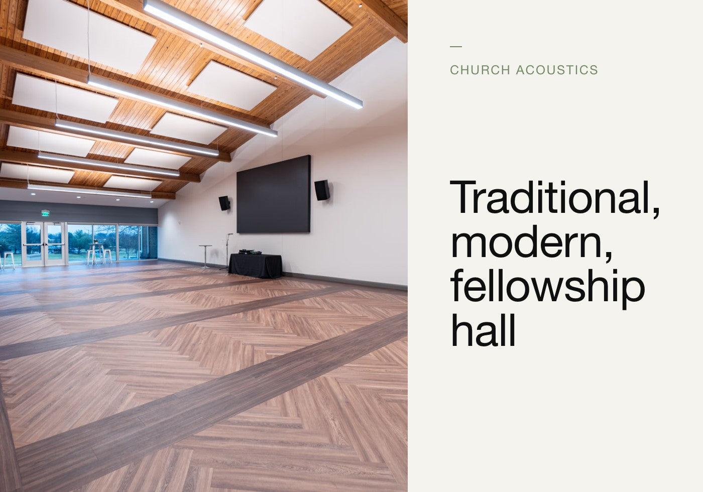 Church acoustics: traditional, modern, fellowship hall. Acoustic ceiling panels in a church fellowship hall.