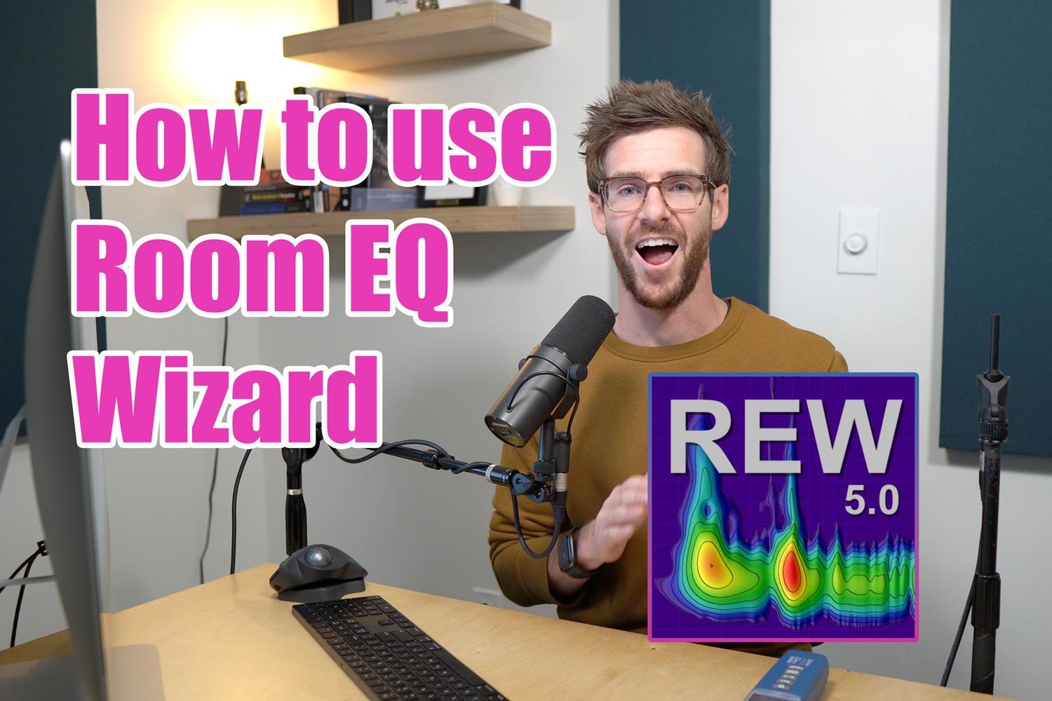 picture of Person explaining how to use Room EQ Wizard with text and software logo on screen